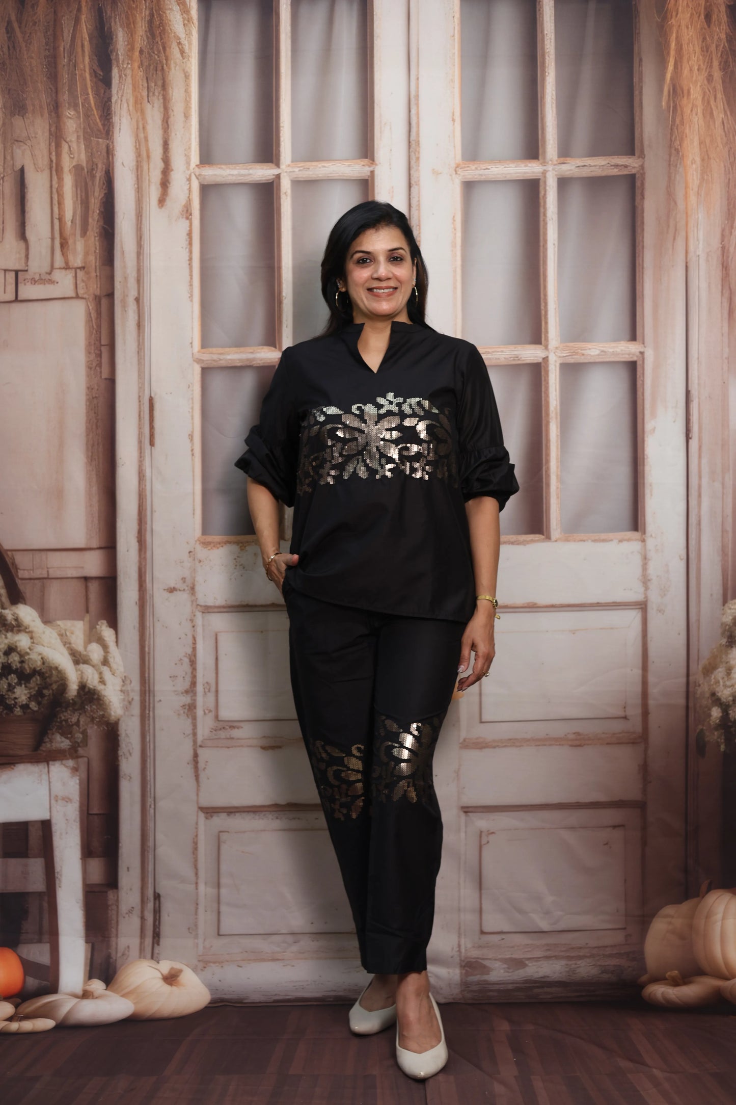 Black Muslin Co-ord Set | Designer Sleeves with Sequins Embroidery