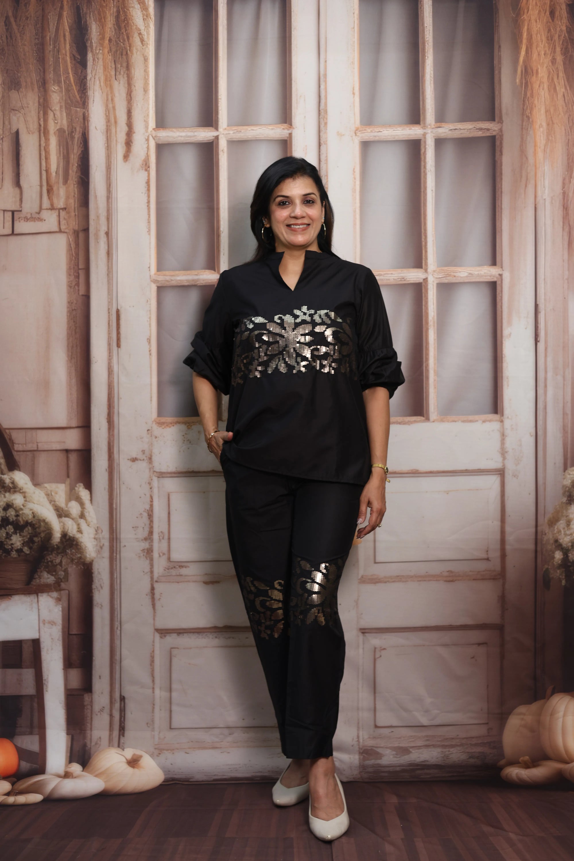 Black Muslin Co-ord Set | Designer Sleeves with Sequins Embroidery