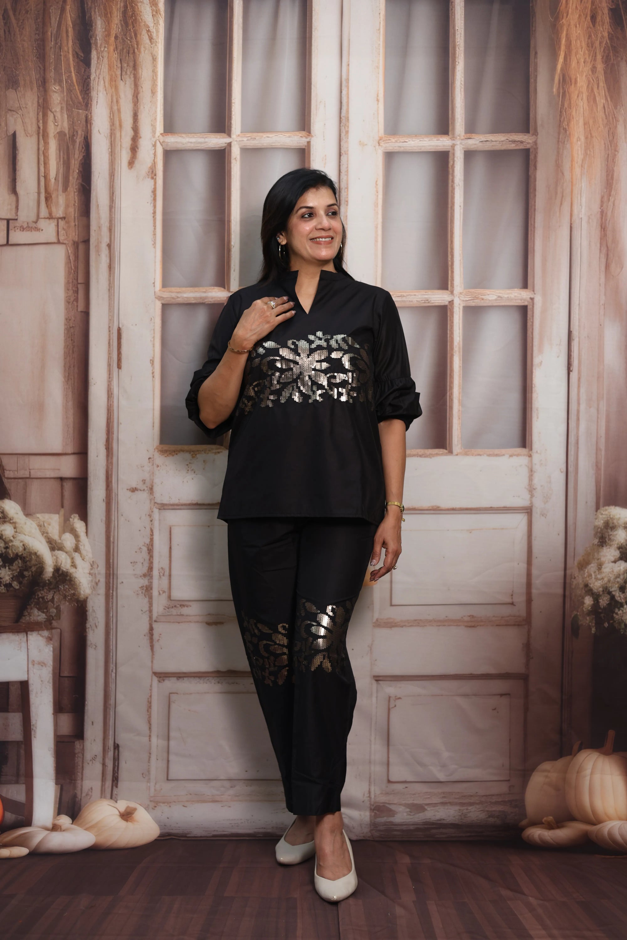 Black Muslin Co-ord Set | Designer Sleeves with Sequins Embroidery