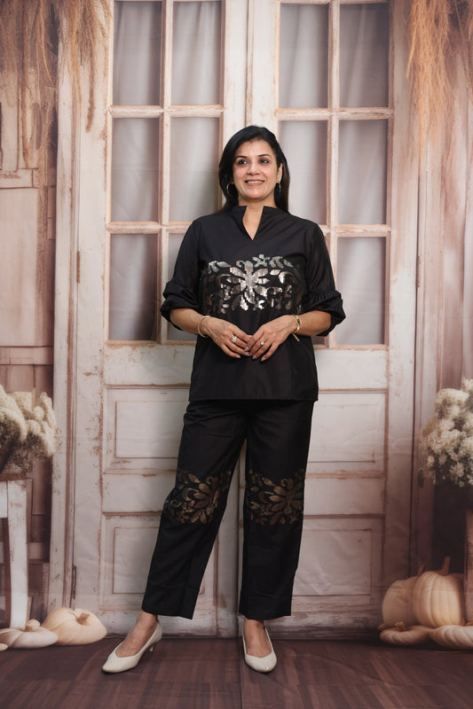Black Muslin Co-ord Set | Designer Sleeves with Sequins Embroidery