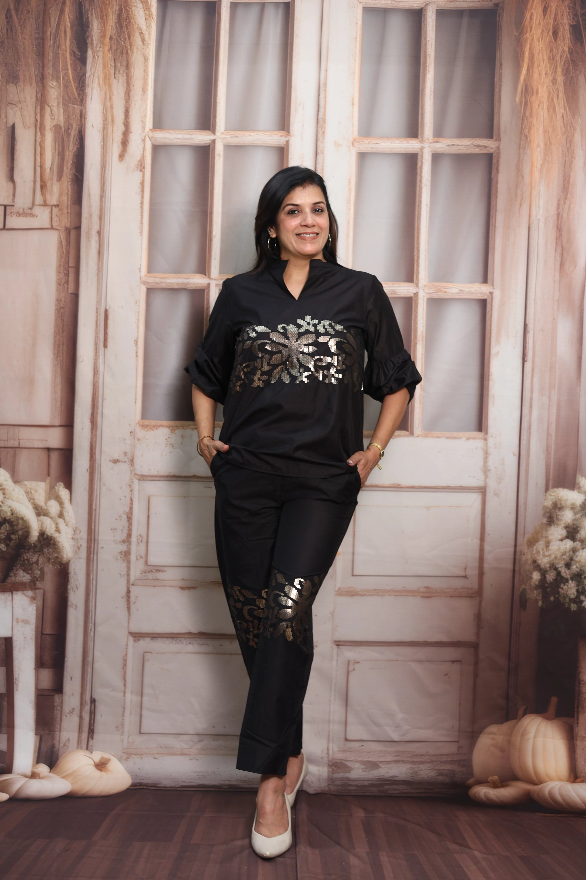 Black Muslin Co-ord Set | Designer Sleeves with Sequins Embroidery