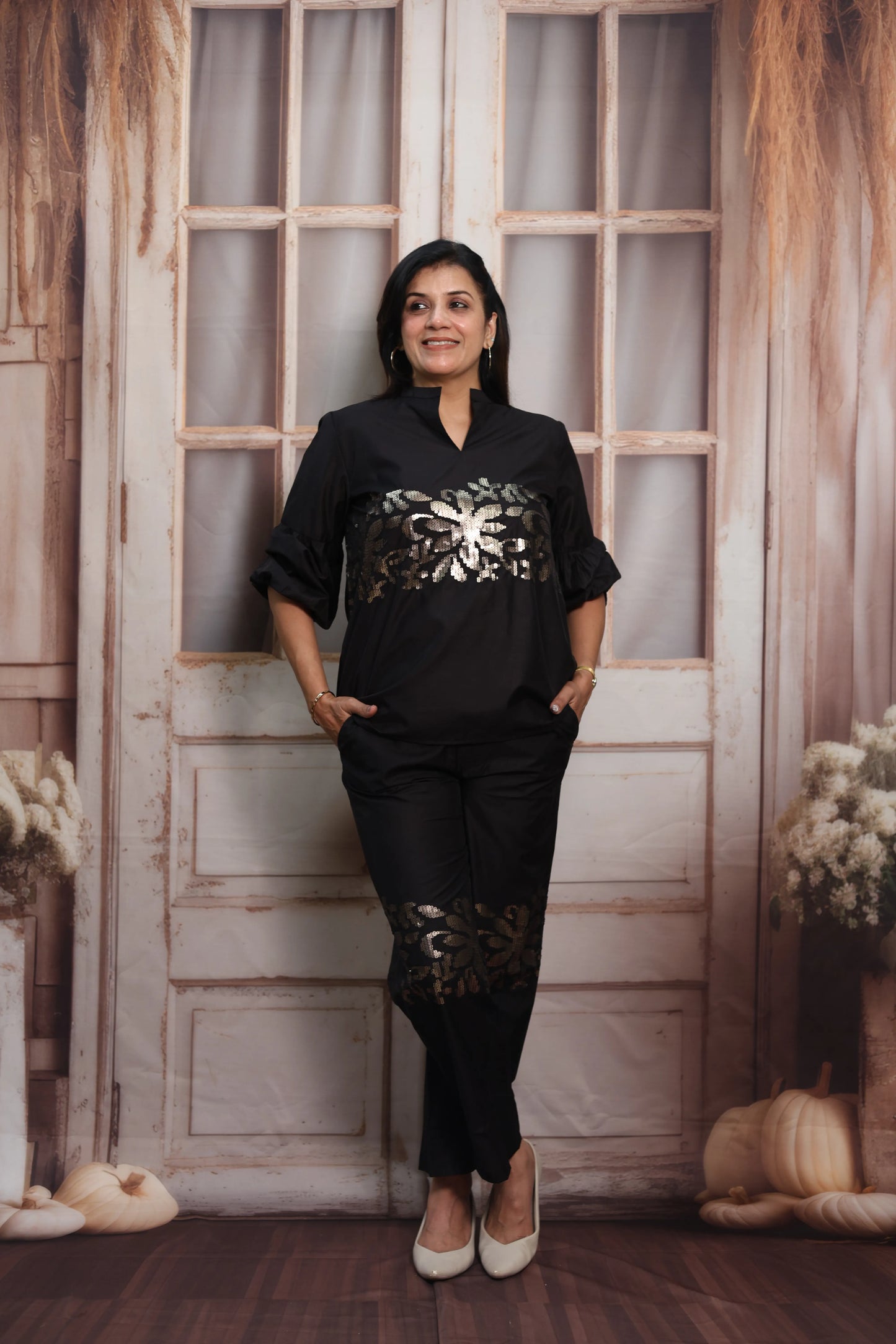 Black Muslin Co-ord Set | Designer Sleeves with Sequins Embroidery