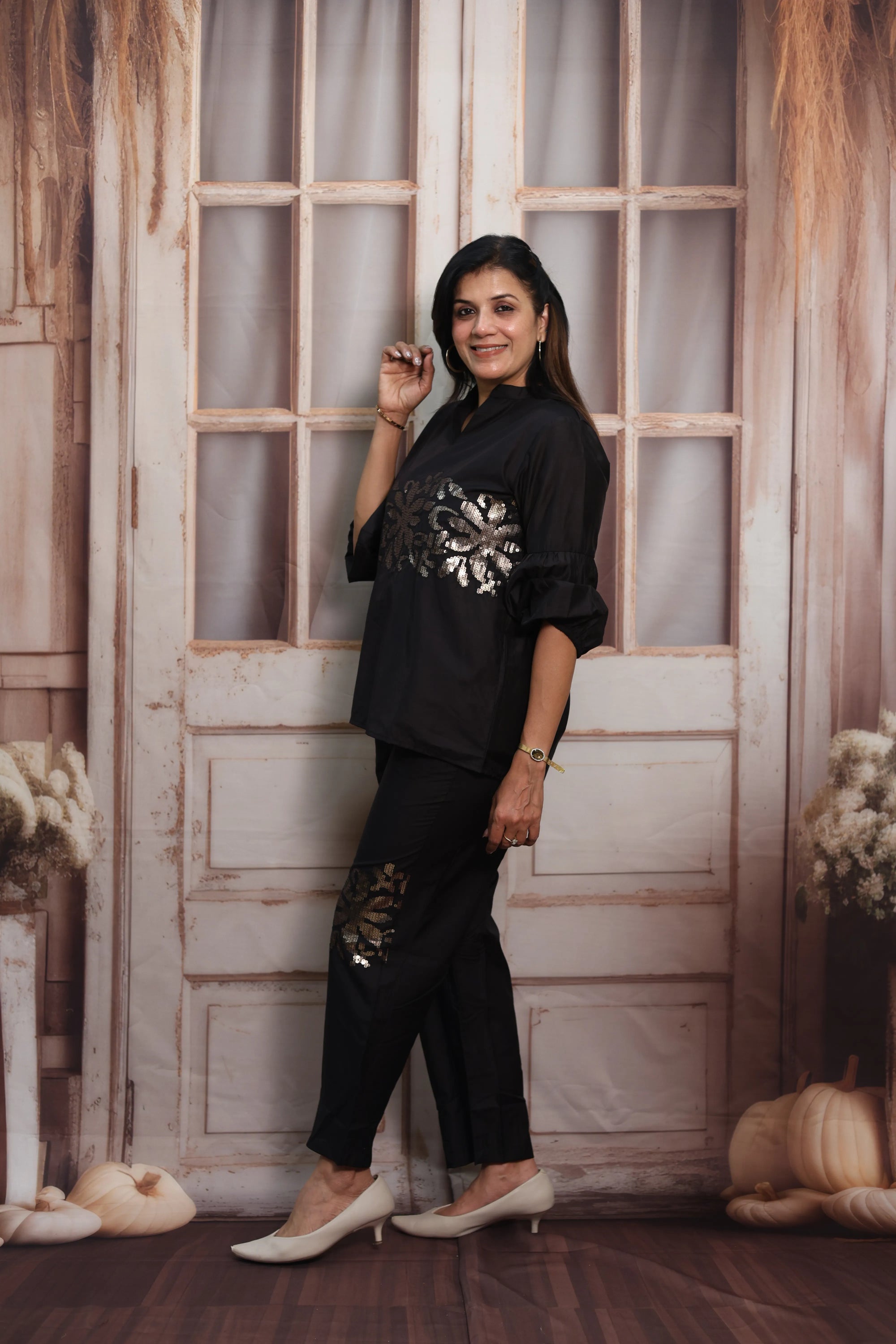 Black Muslin Co-ord Set | Designer Sleeves with Sequins Embroidery