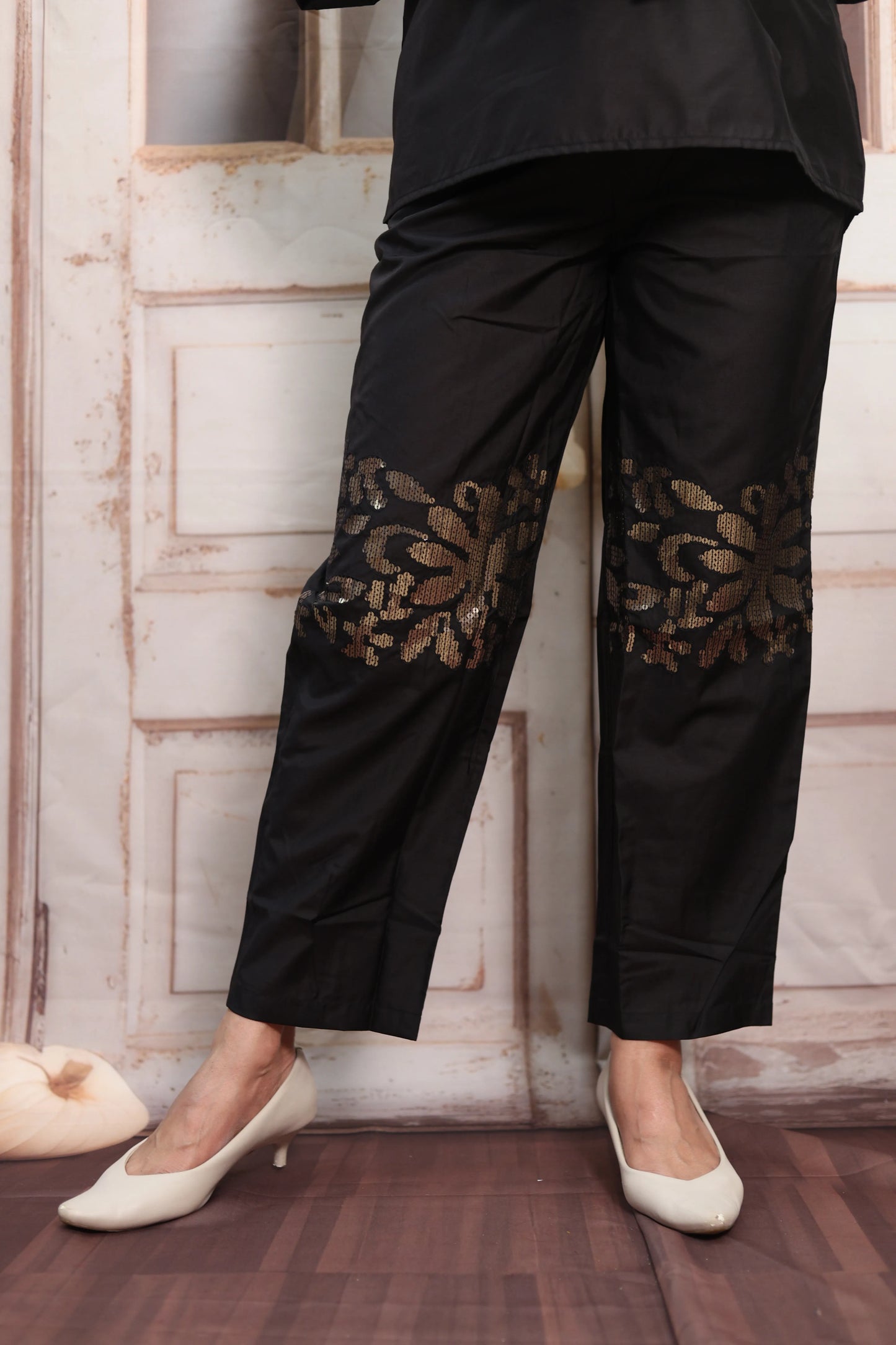 Black Muslin Co-ord Set | Designer Sleeves with Sequins Embroidery