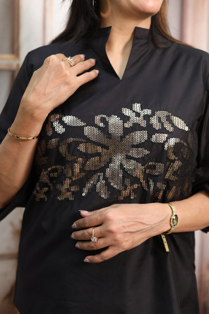 Black Muslin Co-ord Set | Designer Sleeves with Sequins Embroidery