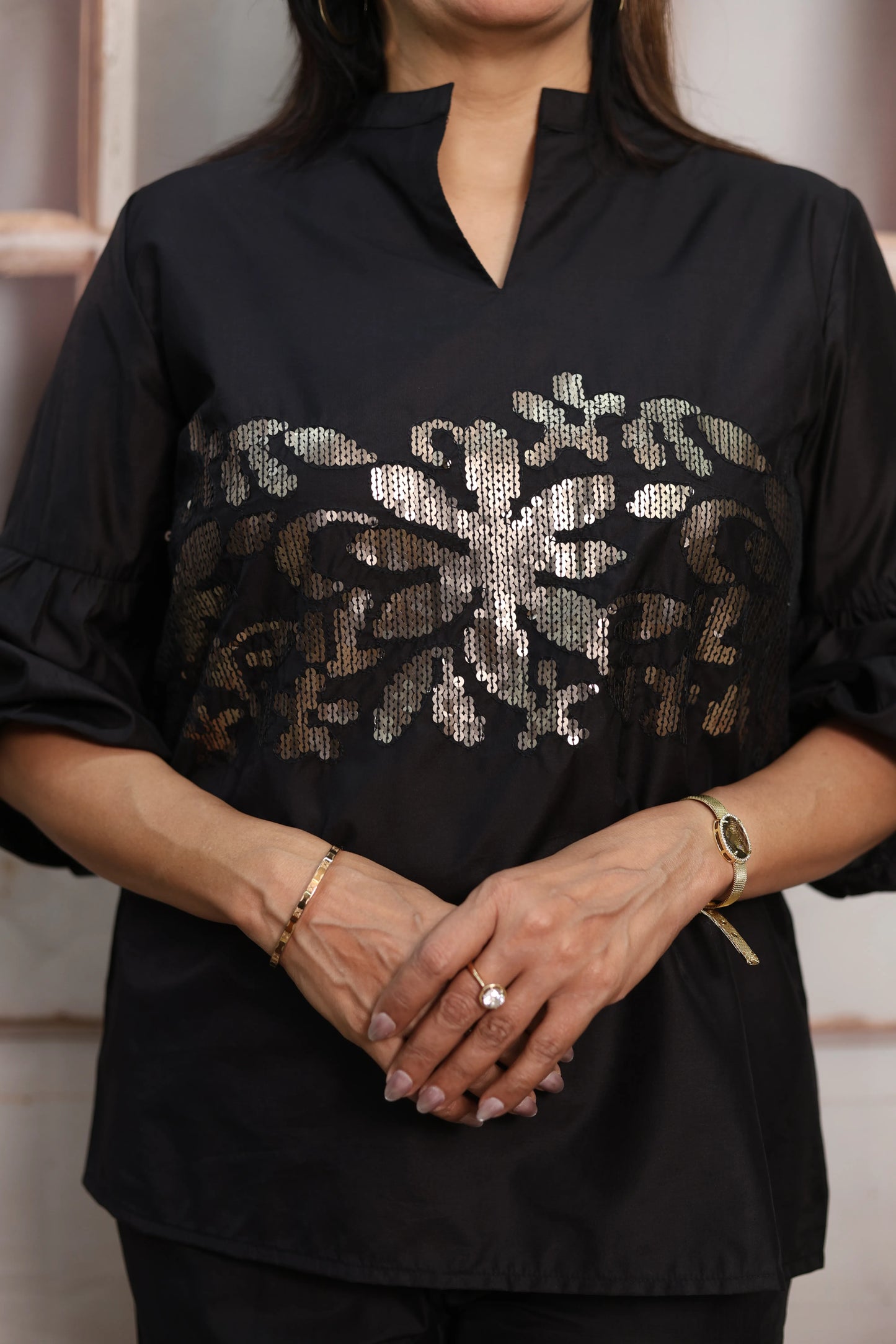 Black Muslin Co-ord Set | Designer Sleeves with Sequins Embroidery