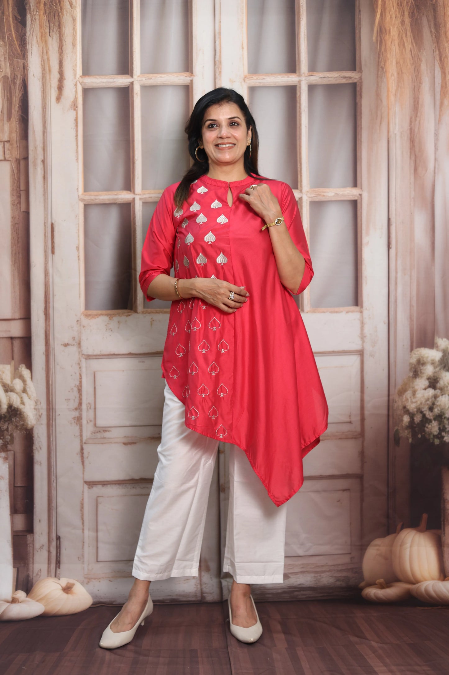 Raspberry & White Muslin Co-ord Set | Cross-Cut Kurti with Thread Embroidery
