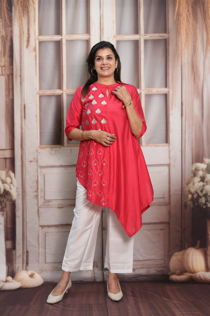Raspberry & White Muslin Co-ord Set | Cross-Cut Kurti with Thread Embroidery