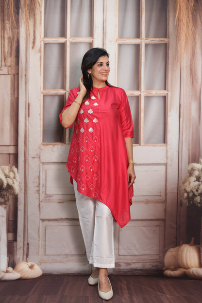 Raspberry & White Muslin Co-ord Set | Cross-Cut Kurti with Thread Embroidery