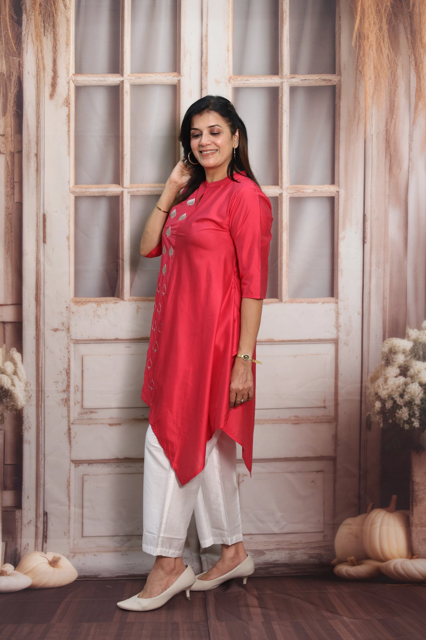 Raspberry & White Muslin Co-ord Set | Cross-Cut Kurti with Thread Embroidery