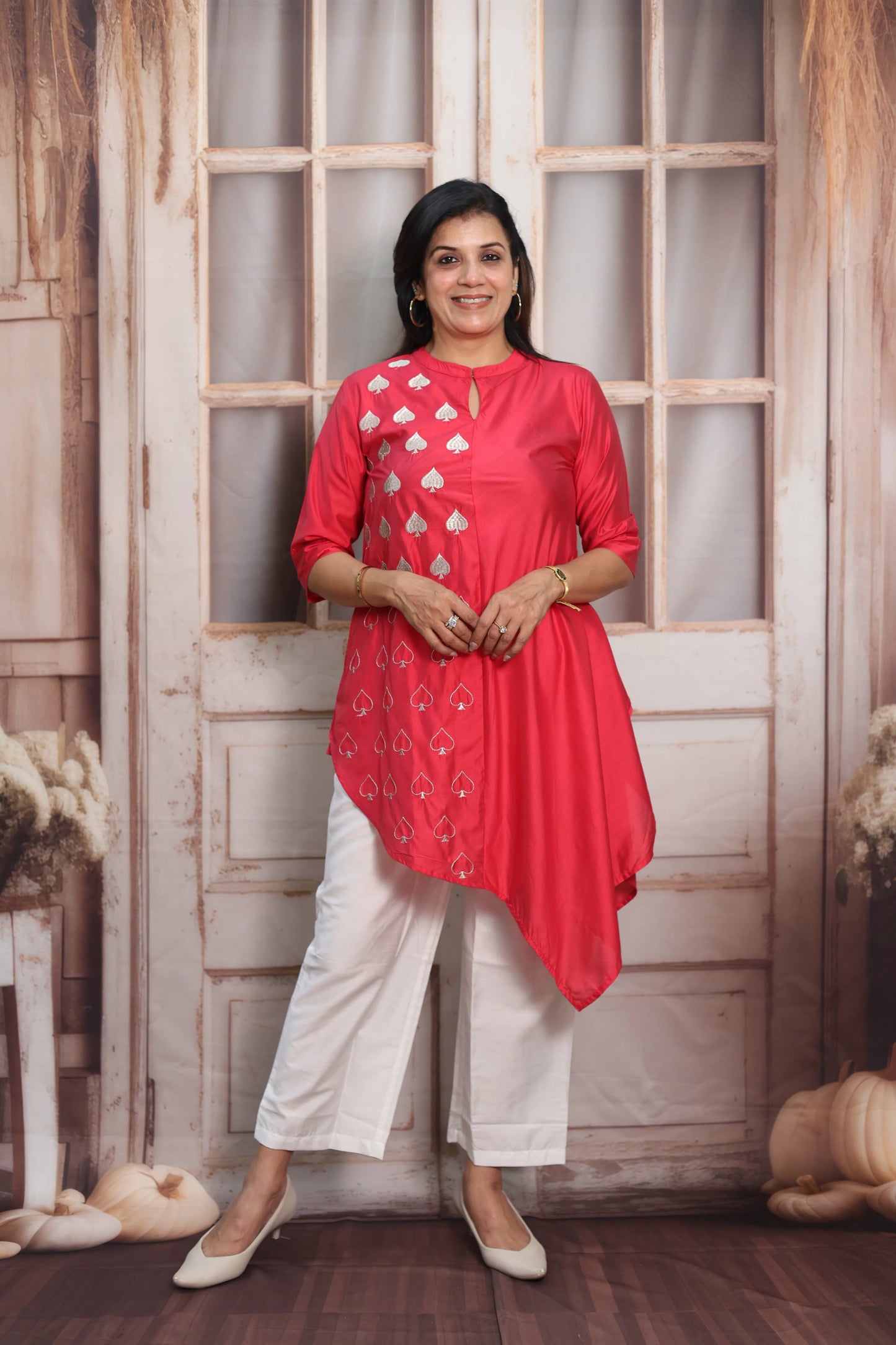 Raspberry & White Muslin Co-ord Set | Cross-Cut Kurti with Thread Embroidery