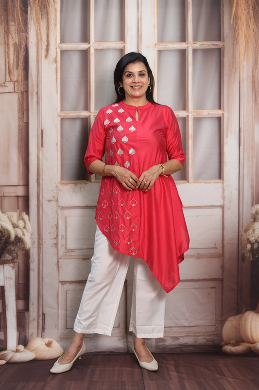 Raspberry & White Muslin Co-ord Set | Cross-Cut Kurti with Thread Embroidery