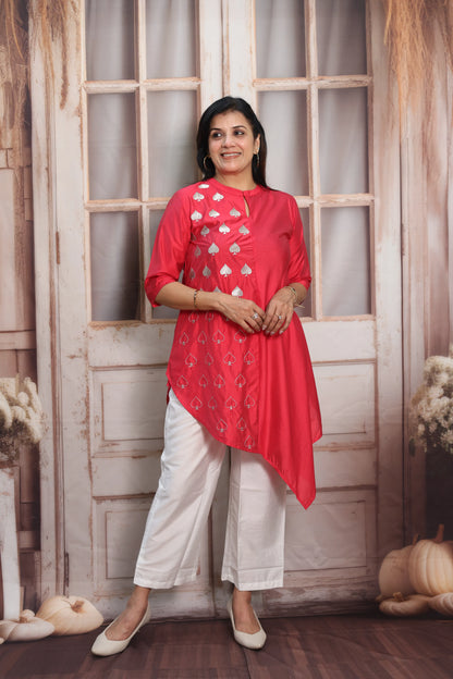 Raspberry & White Muslin Co-ord Set | Cross-Cut Kurti with Thread Embroidery