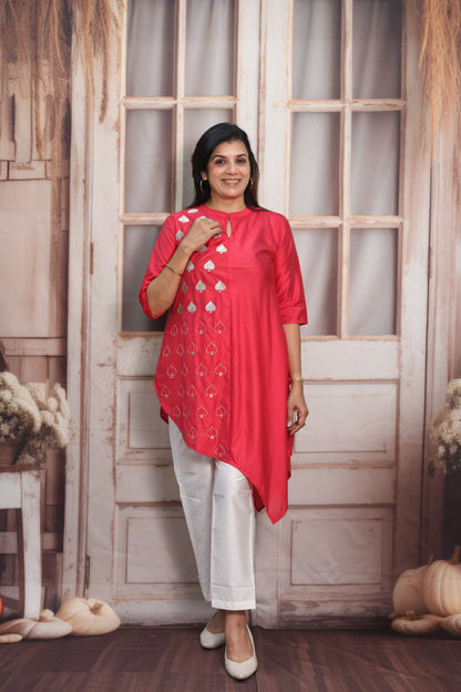 Raspberry & White Muslin Co-ord Set | Cross-Cut Kurti with Thread Embroidery