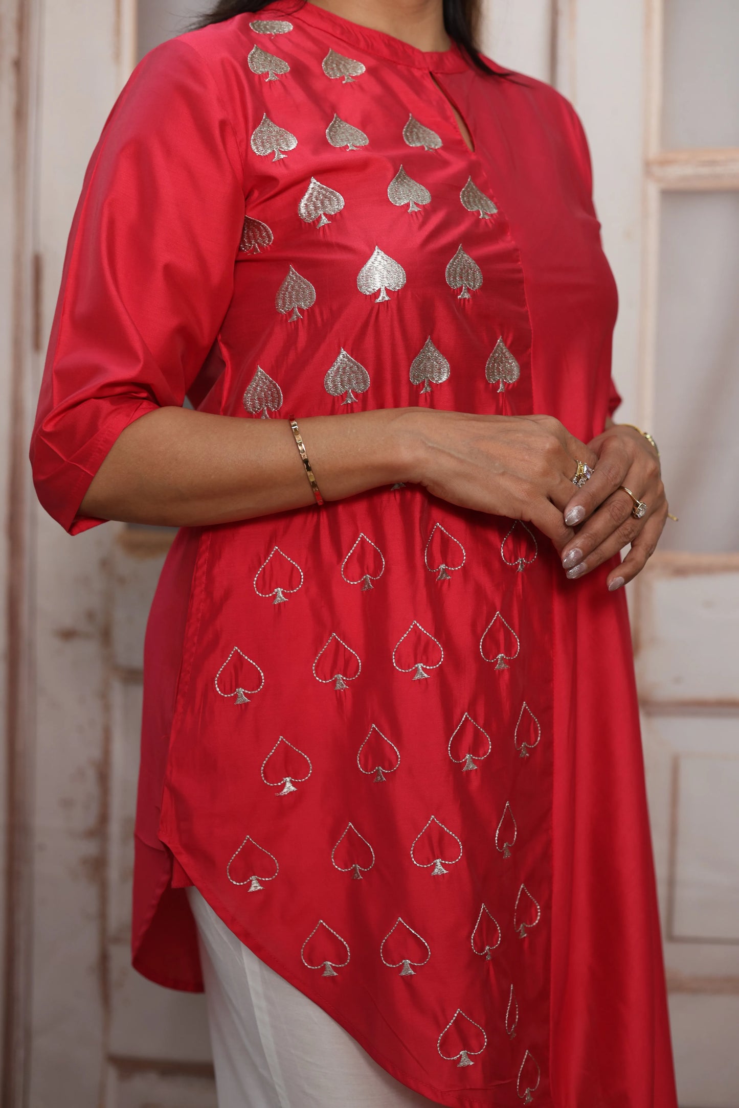 Raspberry & White Muslin Co-ord Set | Cross-Cut Kurti with Thread Embroidery