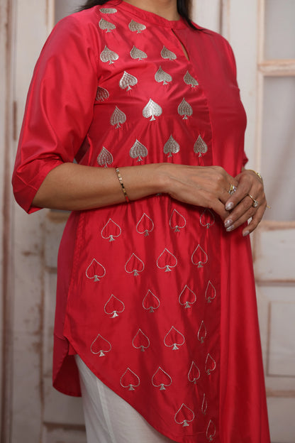 Raspberry & White Muslin Co-ord Set | Cross-Cut Kurti with Thread Embroidery