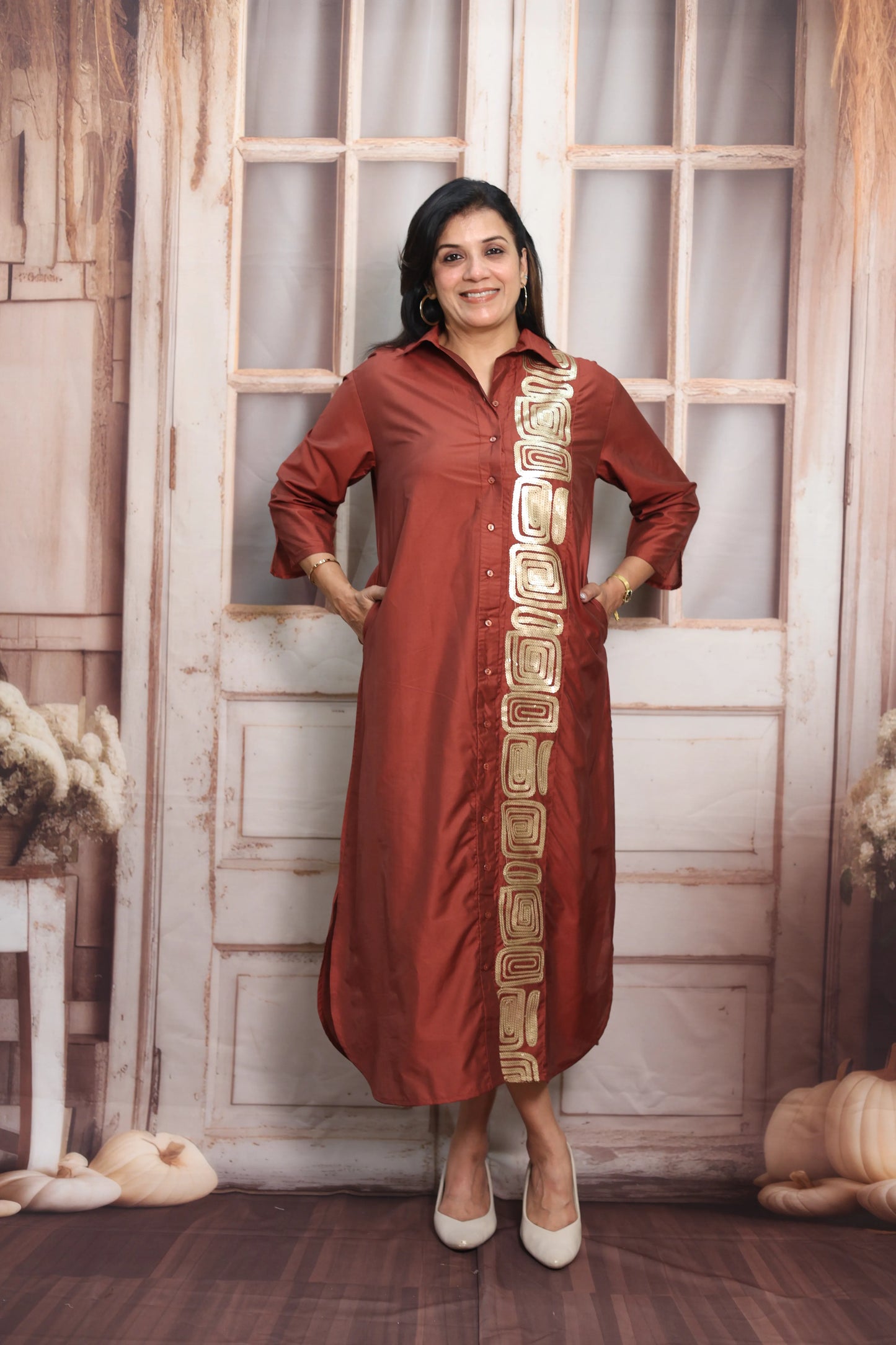 Chestnut Muslin Long Tunic Dress | Sequins Embroidery Work