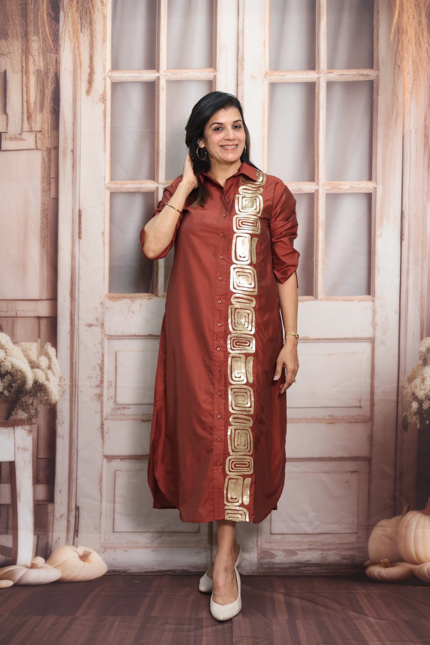 Chestnut Muslin Long Tunic Dress | Sequins Embroidery Work