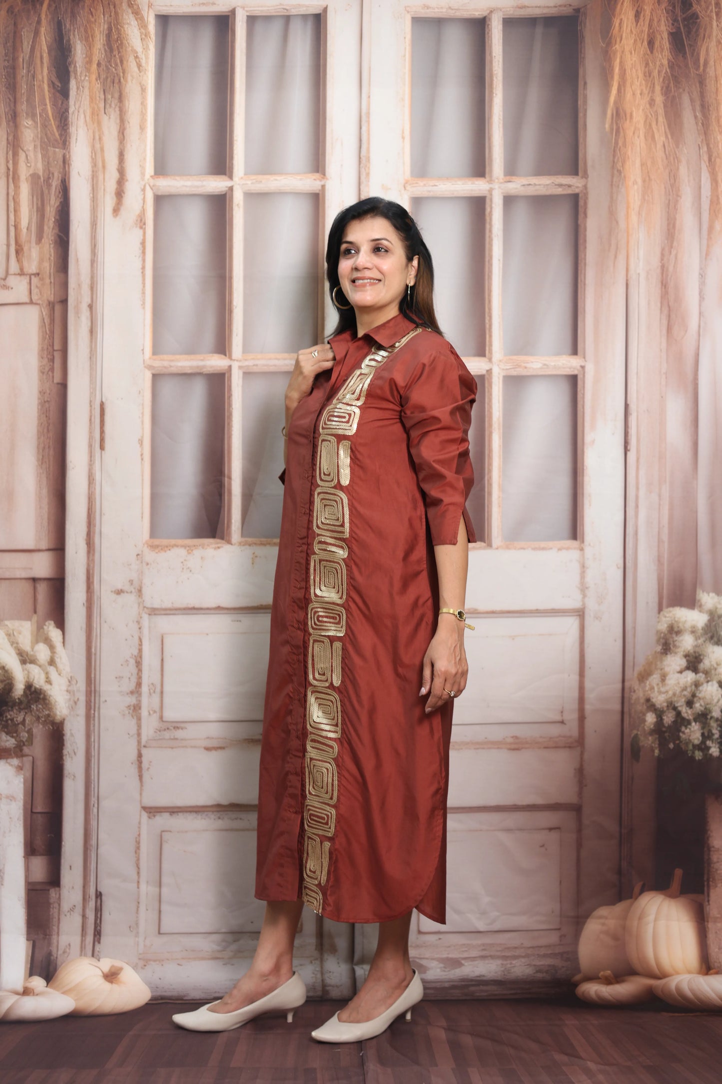 Chestnut Muslin Long Tunic Dress | Sequins Embroidery Work