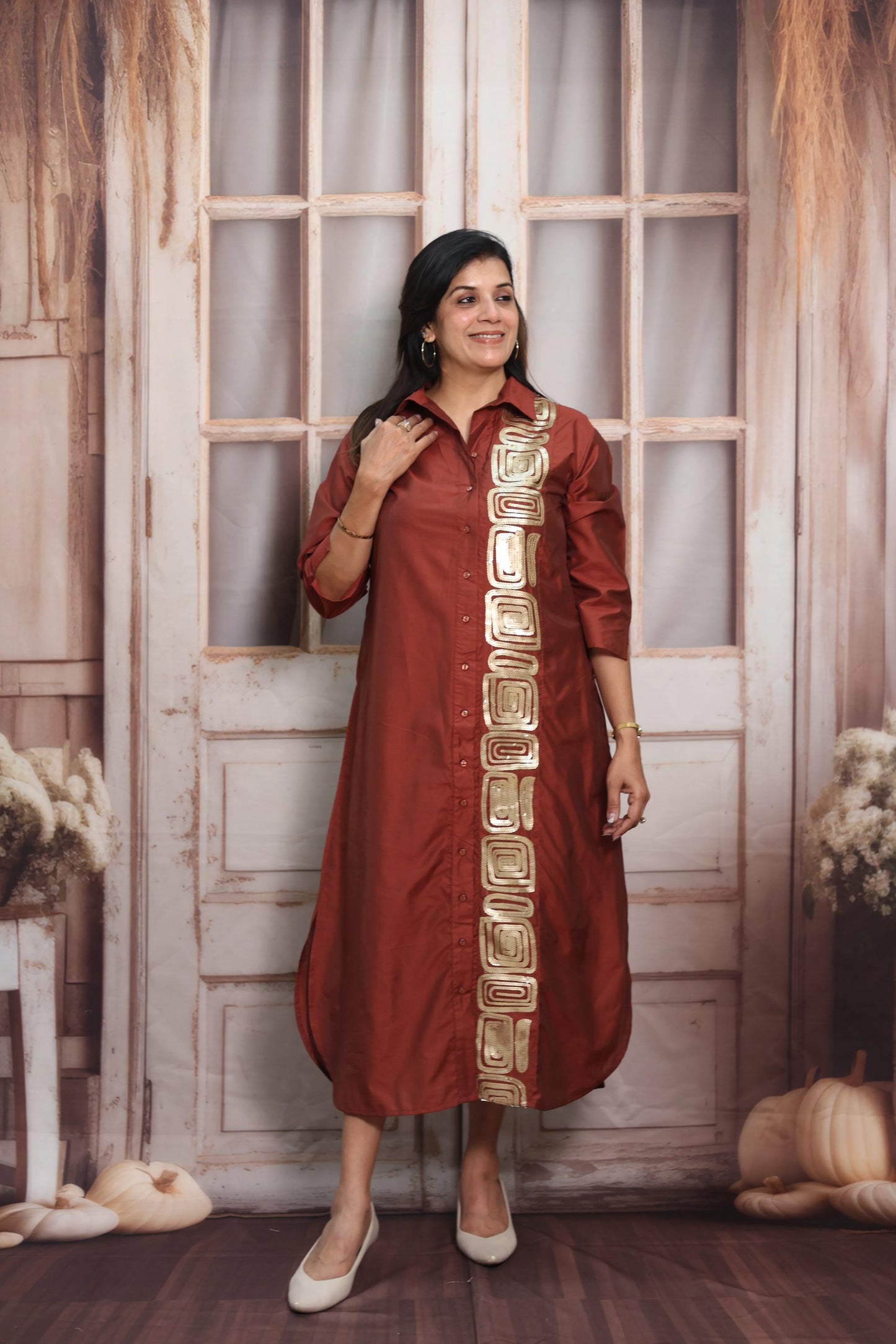 Chestnut Muslin Long Tunic Dress | Sequins Embroidery Work