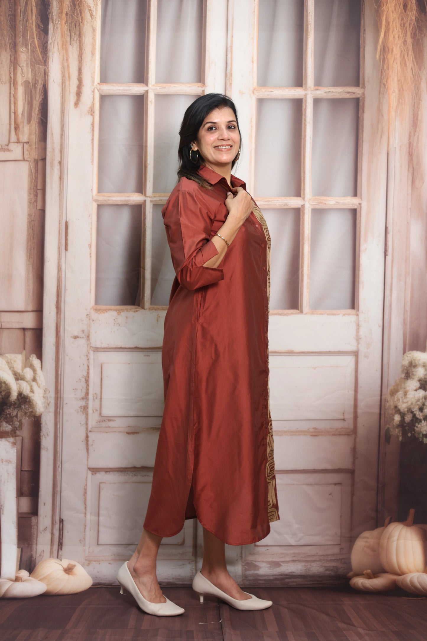 Chestnut Muslin Long Tunic Dress | Sequins Embroidery Work