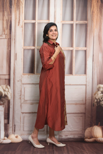 Chestnut Muslin Long Tunic Dress | Sequins Embroidery Work