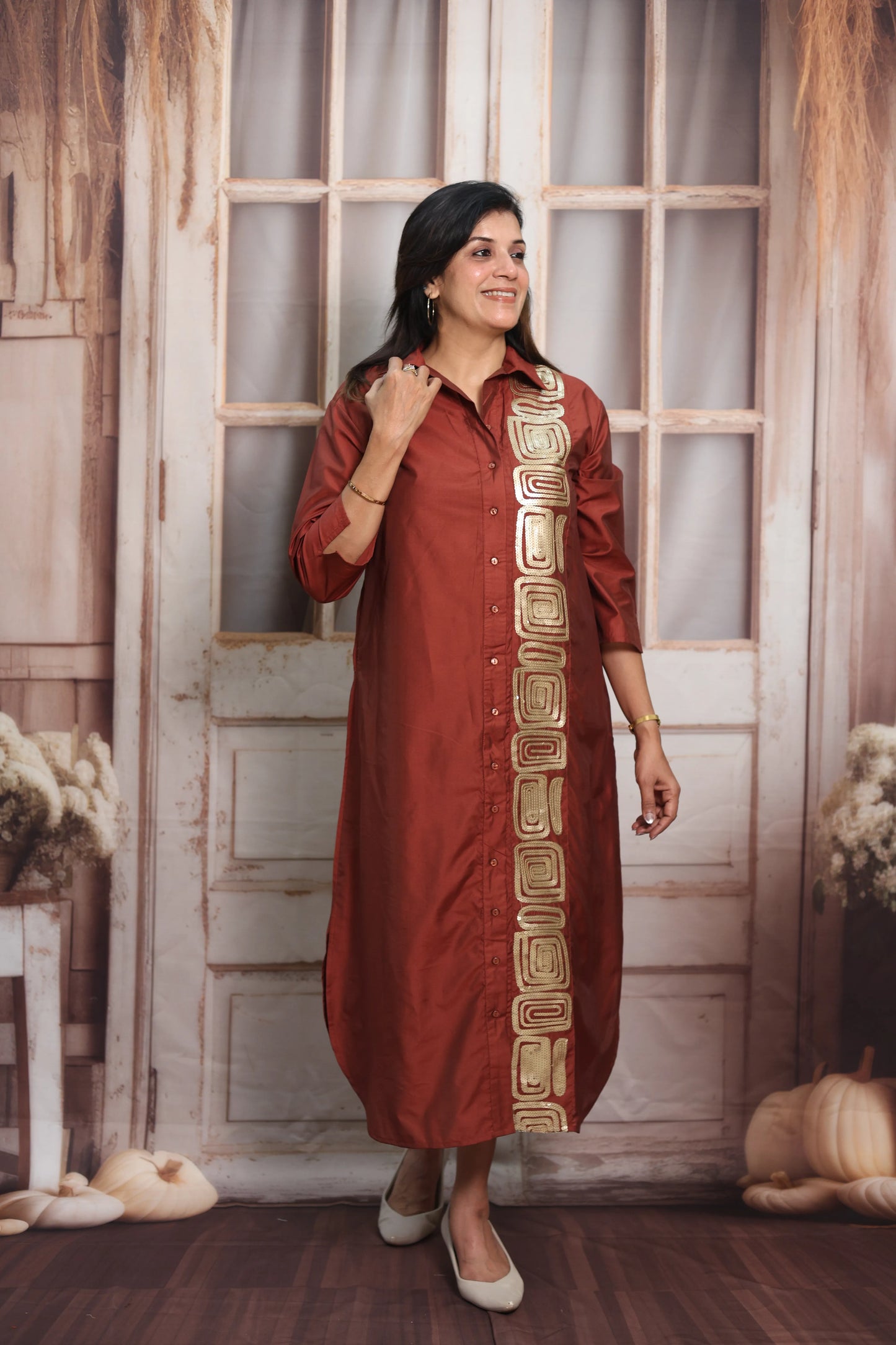 Chestnut Muslin Long Tunic Dress | Sequins Embroidery Work
