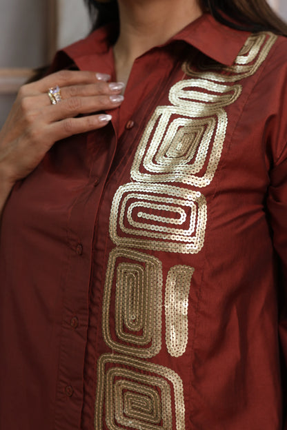 Chestnut Muslin Long Tunic Dress | Sequins Embroidery Work