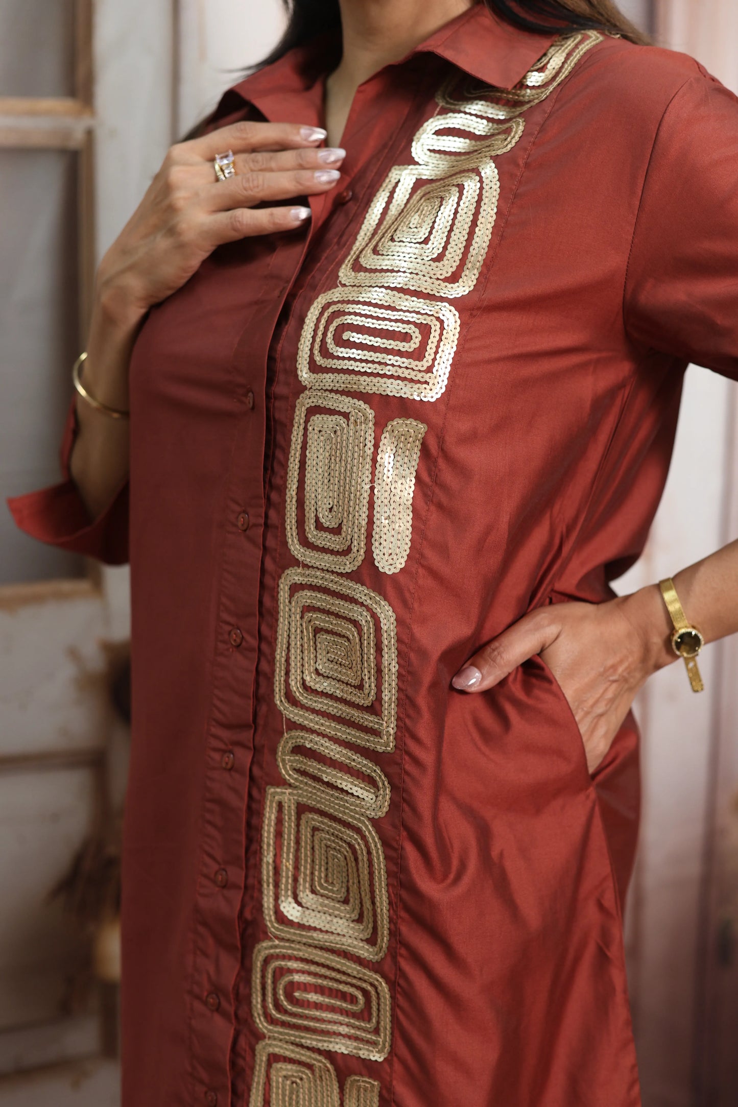 Chestnut Muslin Long Tunic Dress | Sequins Embroidery Work