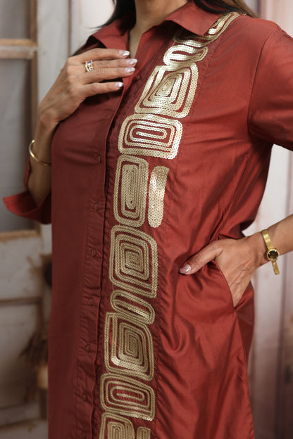 Chestnut Muslin Long Tunic Dress | Sequins Embroidery Work