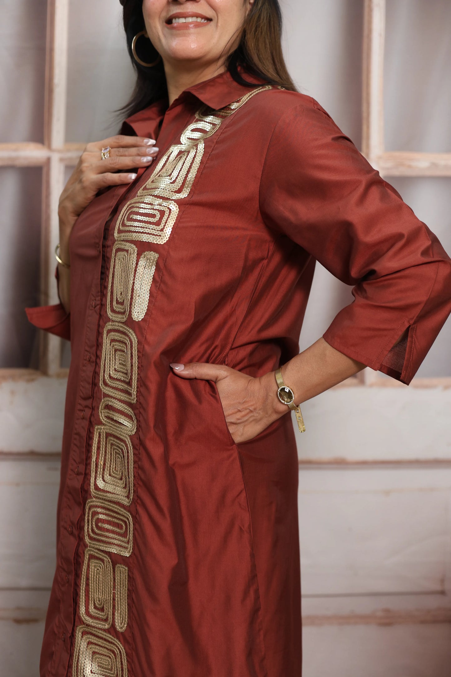 Chestnut Muslin Long Tunic Dress | Sequins Embroidery Work