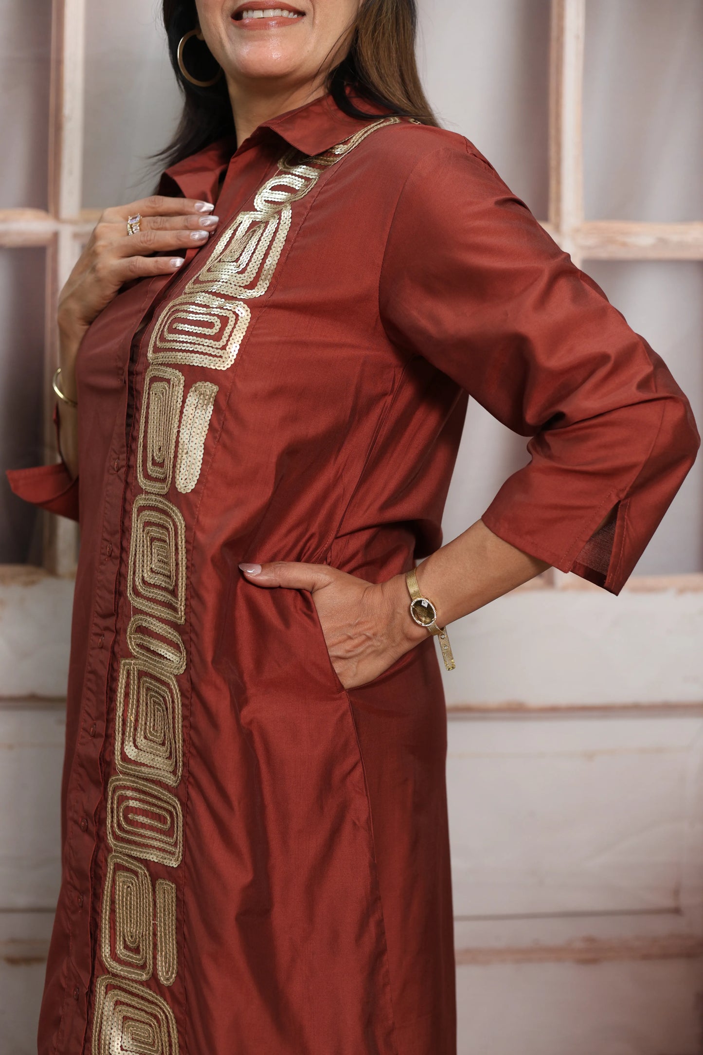 Chestnut Muslin Long Tunic Dress | Sequins Embroidery Work