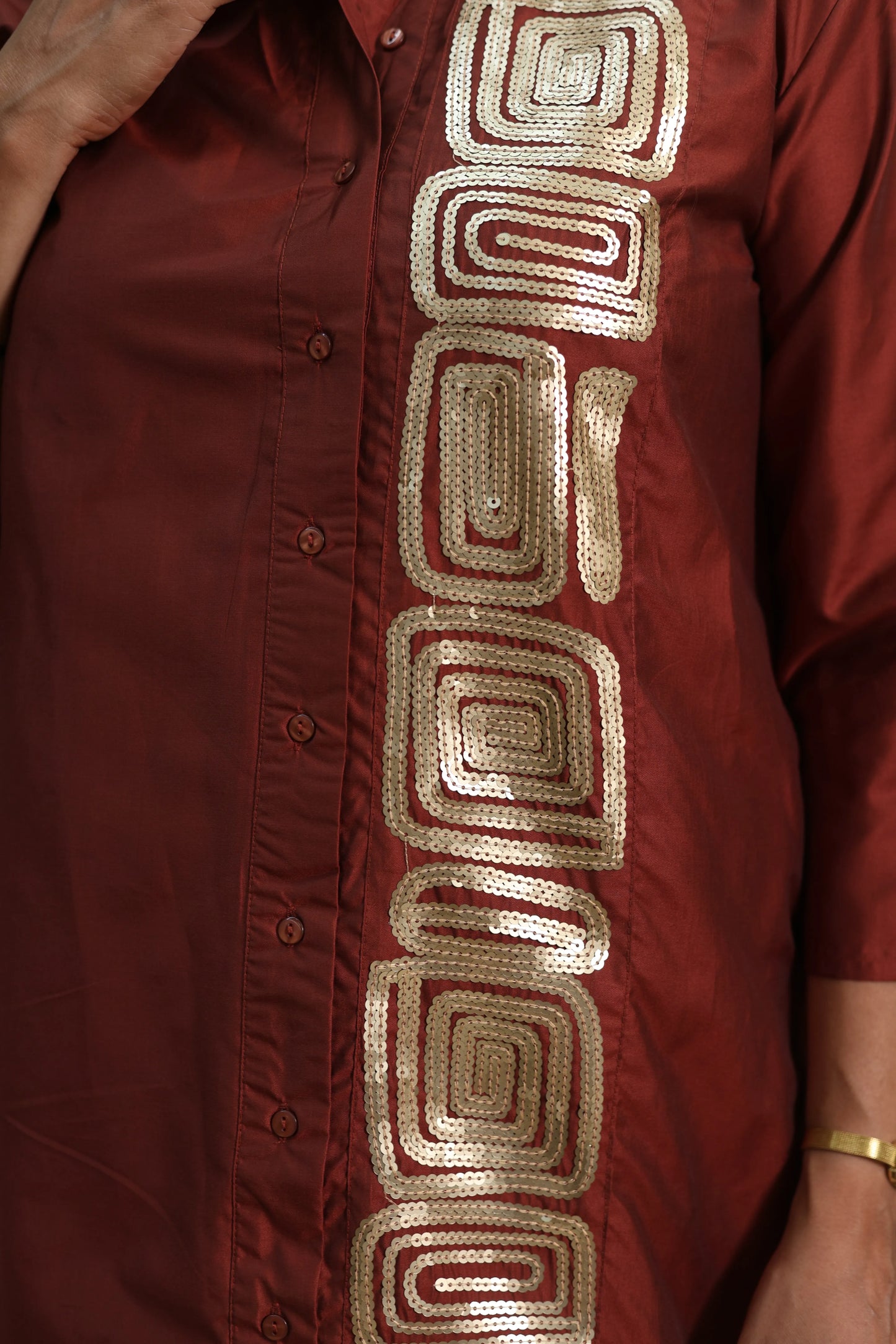 Chestnut Muslin Long Tunic Dress | Sequins Embroidery Work