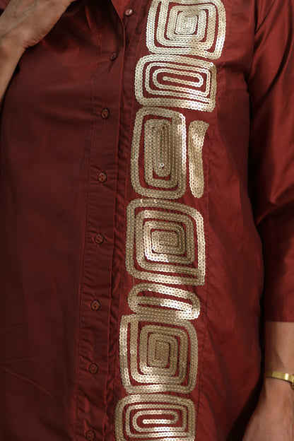 Chestnut Muslin Long Tunic Dress | Sequins Embroidery Work