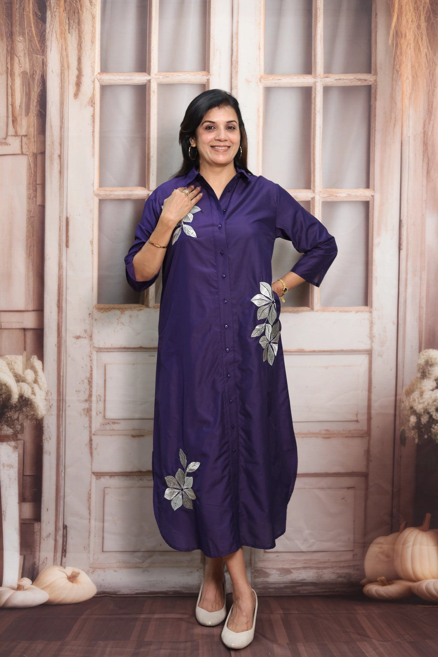 Navy Blue Muslin Long Tunic Dress | Floral Embroidery & Thread Work