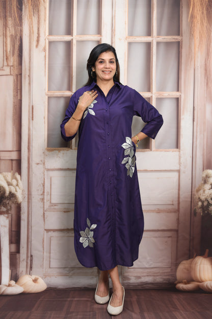 Navy Blue Muslin Long Tunic Dress | Floral Embroidery & Thread Work