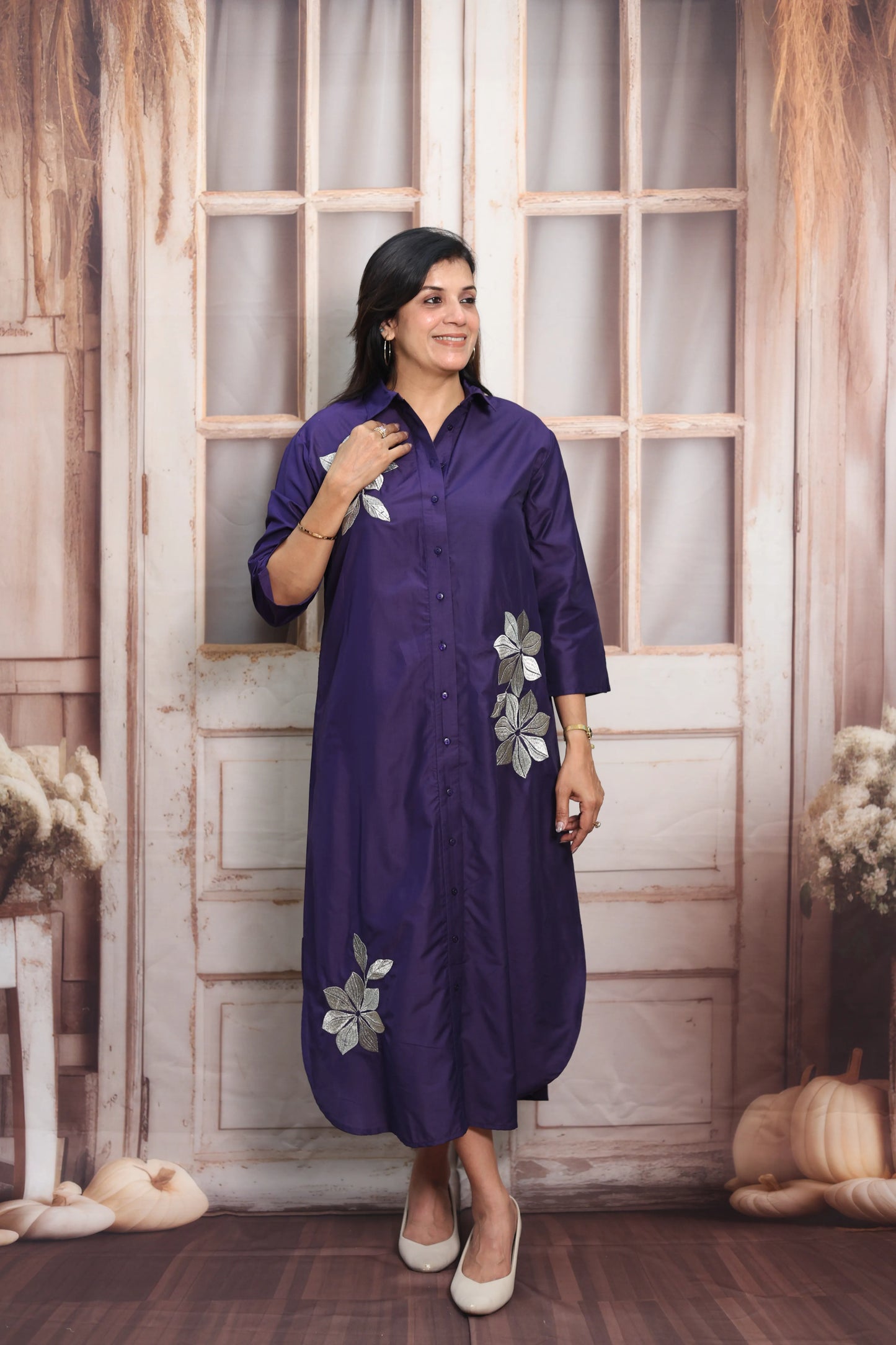 Navy Blue Muslin Long Tunic Dress | Floral Embroidery & Thread Work