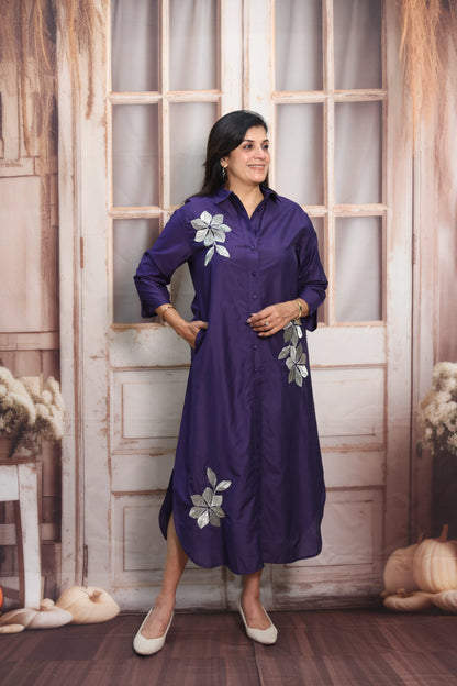 Navy Blue Muslin Long Tunic Dress | Floral Embroidery & Thread Work