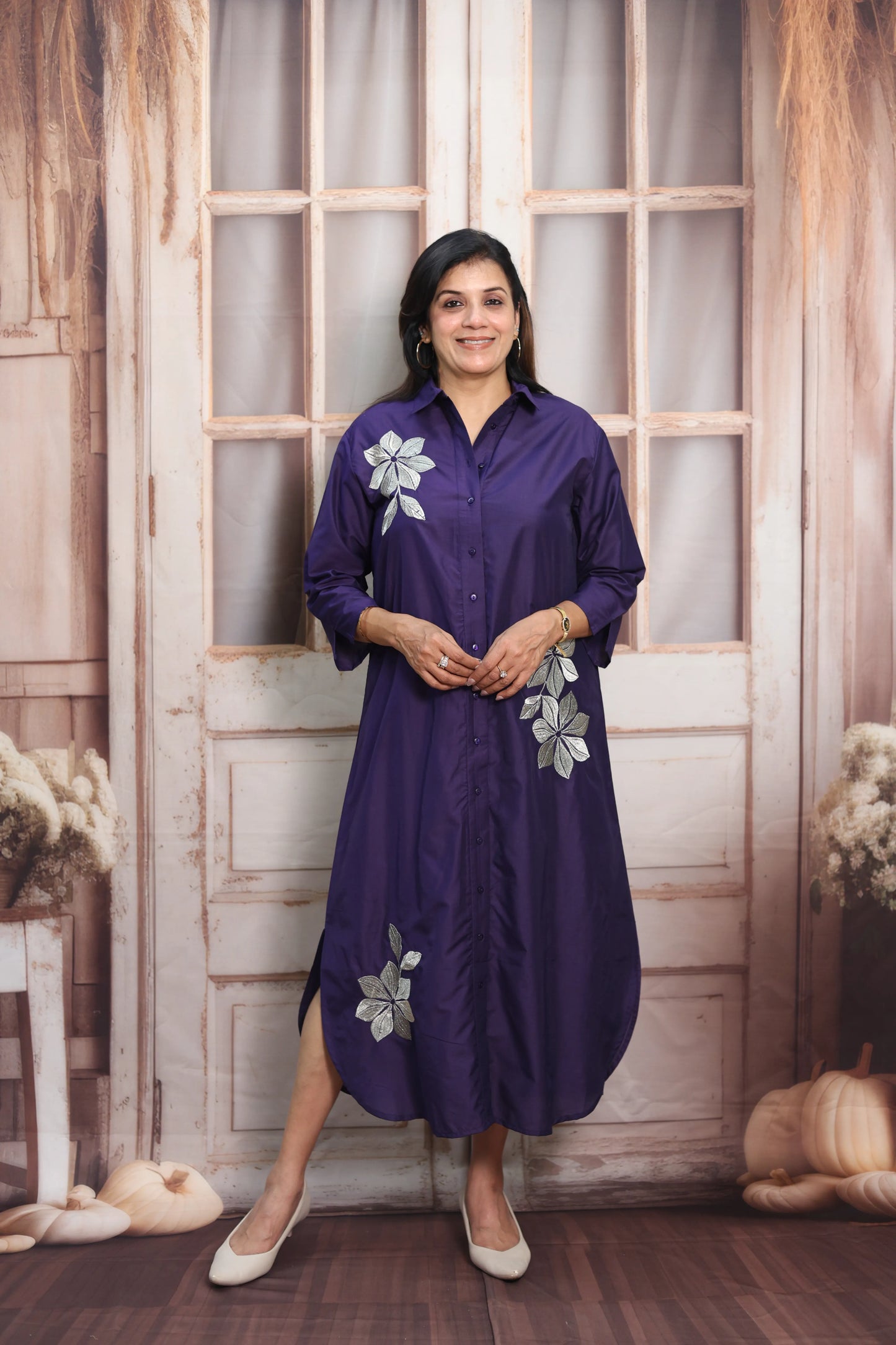 Navy Blue Muslin Long Tunic Dress | Floral Embroidery & Thread Work