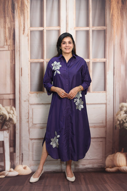 Navy Blue Muslin Long Tunic Dress | Floral Embroidery & Thread Work