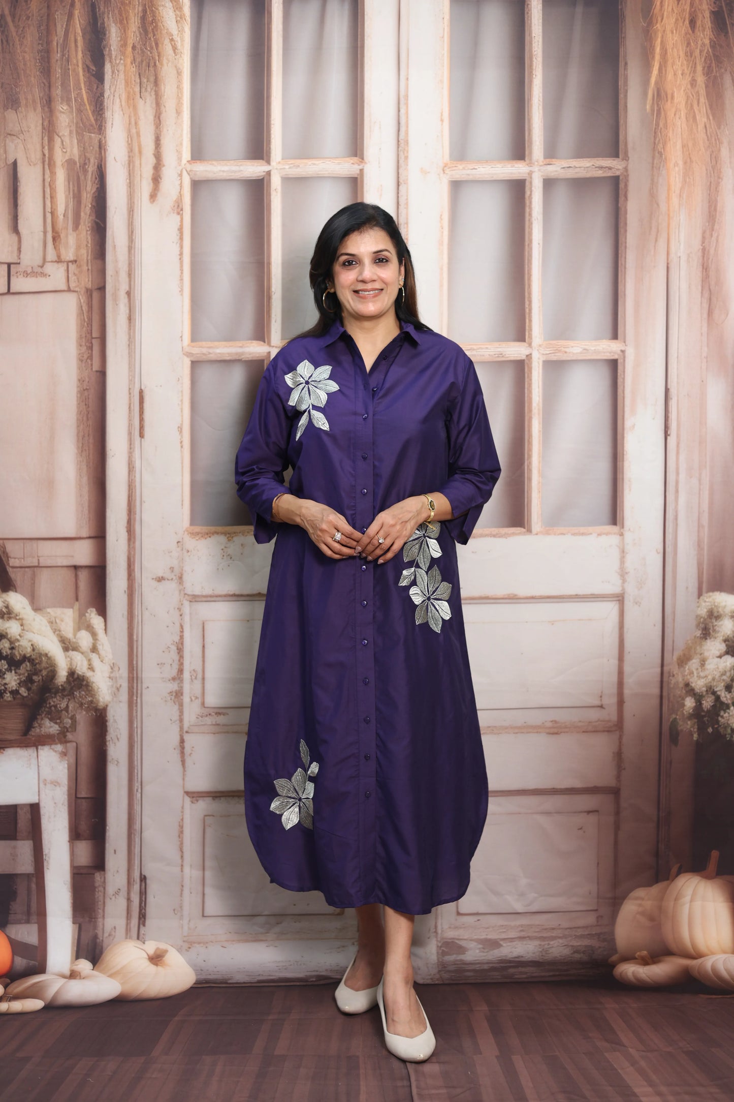 Navy Blue Muslin Long Tunic Dress | Floral Embroidery & Thread Work
