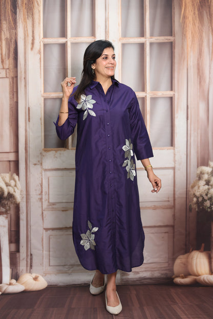 Navy Blue Muslin Long Tunic Dress | Floral Embroidery & Thread Work
