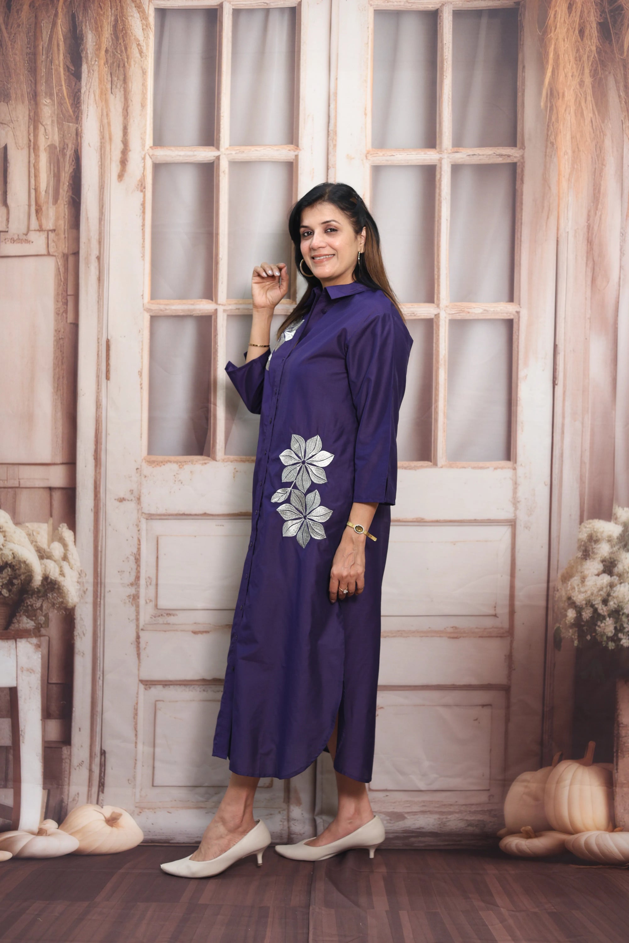 Navy Blue Muslin Long Tunic Dress | Floral Embroidery & Thread Work