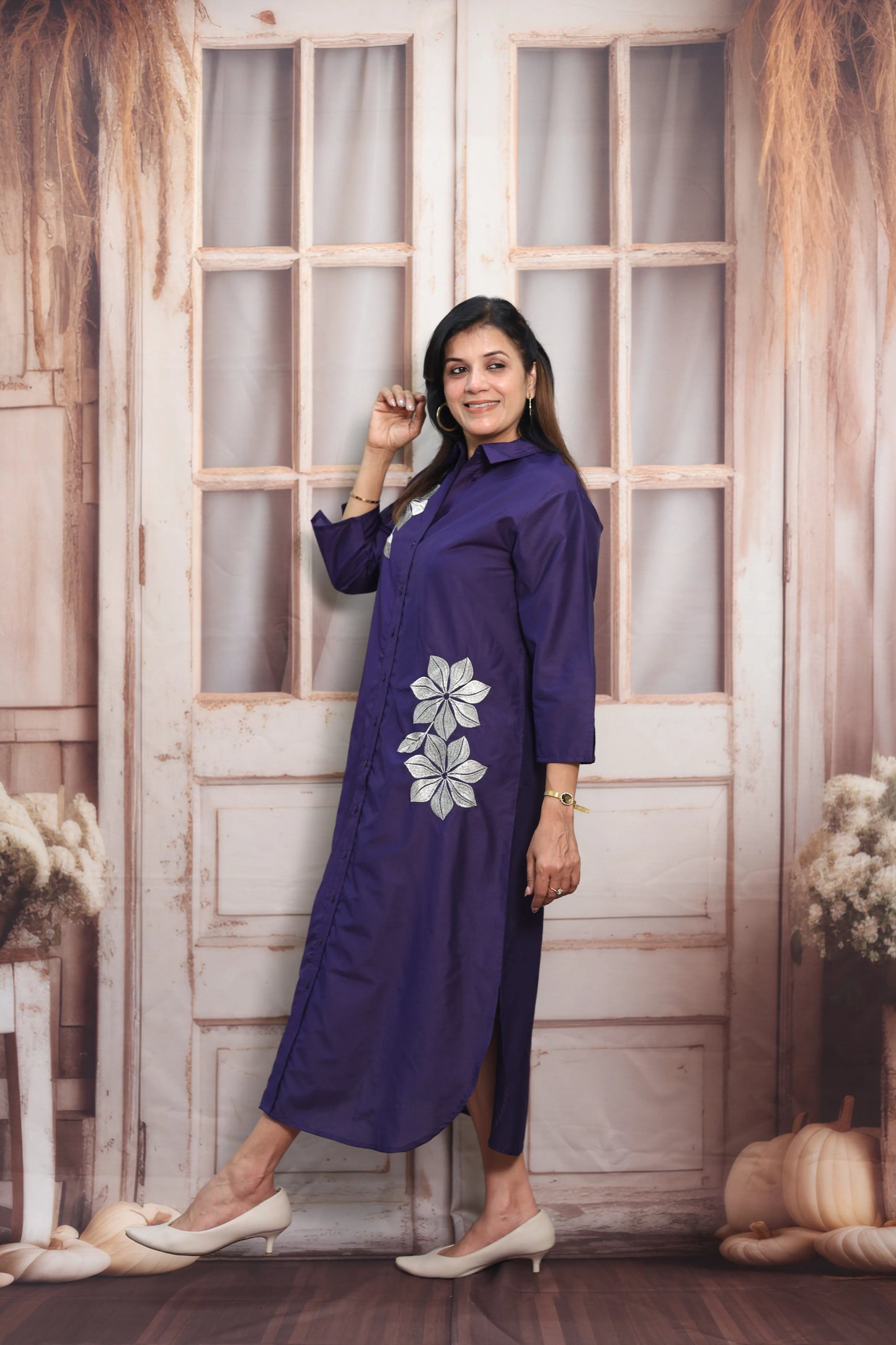 Navy Blue Muslin Long Tunic Dress | Floral Embroidery & Thread Work