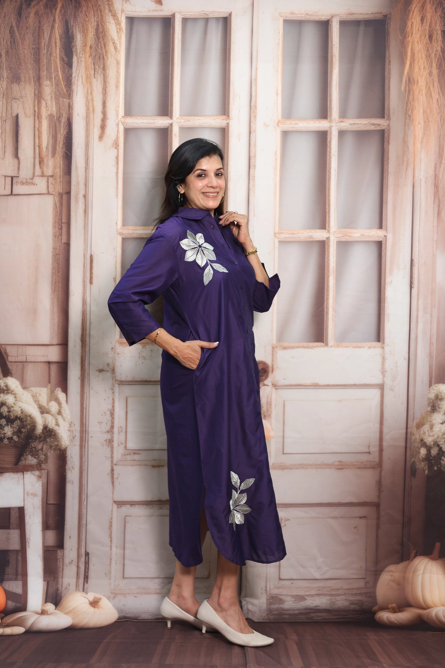 Navy Blue Muslin Long Tunic Dress | Floral Embroidery & Thread Work
