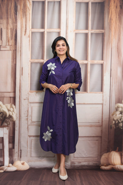 Navy Blue Muslin Long Tunic Dress | Floral Embroidery & Thread Work