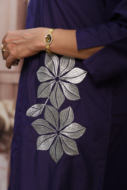 Navy Blue Muslin Long Tunic Dress | Floral Embroidery & Thread Work