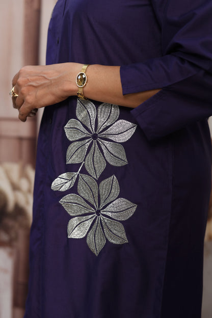 Navy Blue Muslin Long Tunic Dress | Floral Embroidery & Thread Work