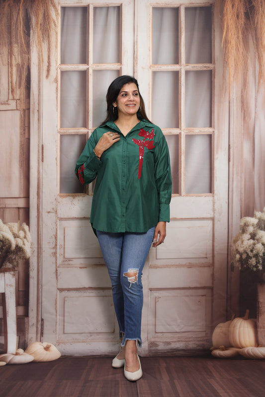 Dark Green Muslin Up-Down Short Tunic Top | Sequins Embroidery Work
