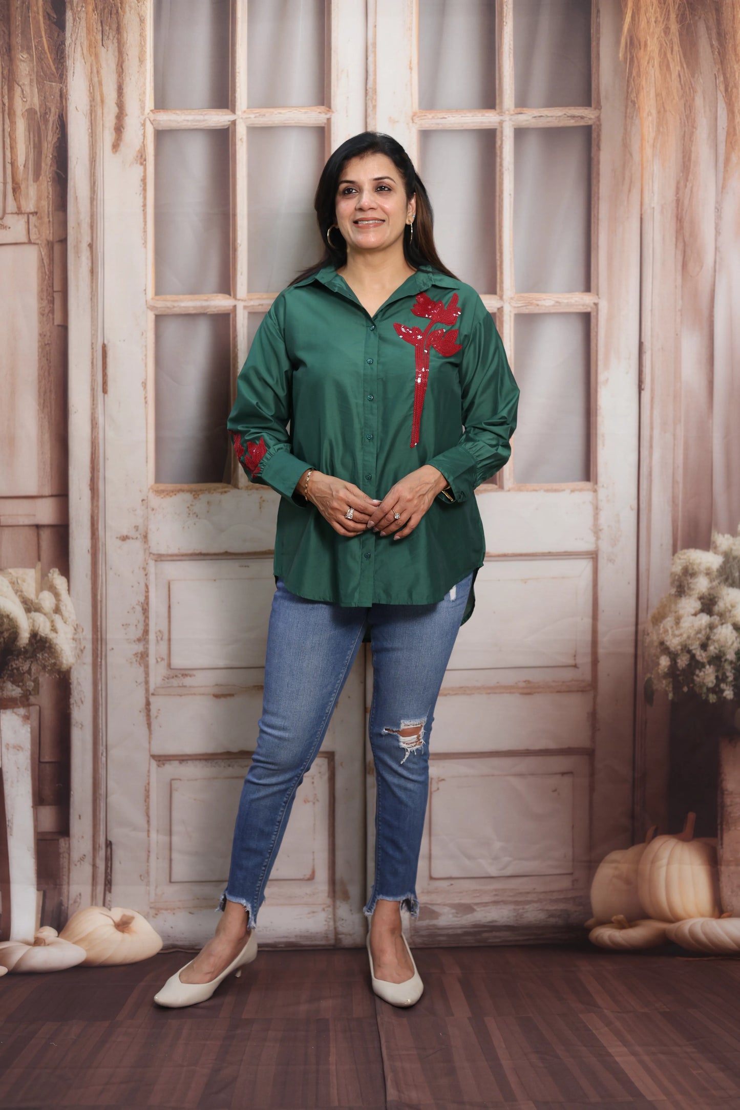 Dark Green Muslin Up-Down Short Tunic Top | Sequins Embroidery Work